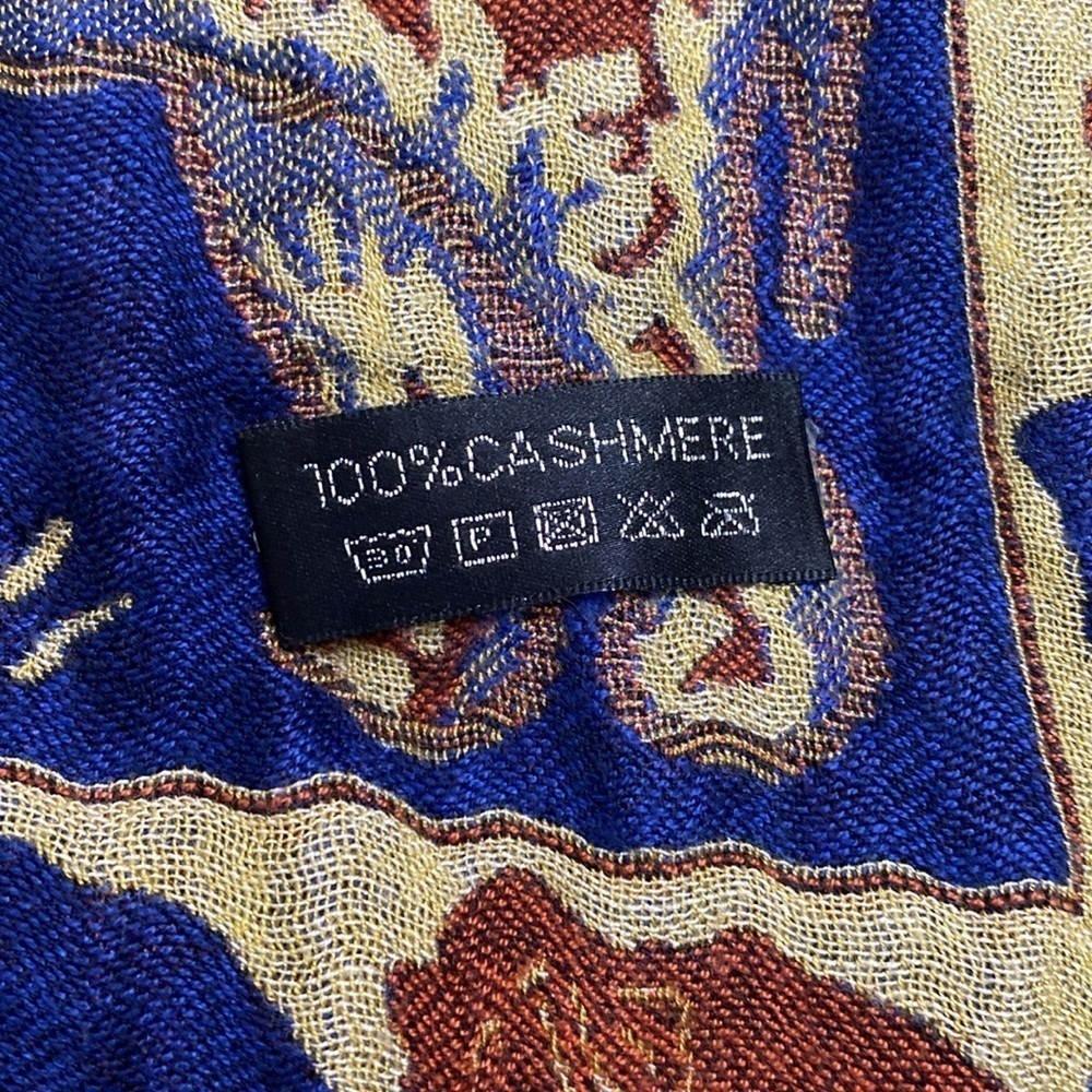 Cashmere Scarf Wrap Brown and Blue w/ Elephant and Camel novelty print 64” x 24” - Picture 5 of 6